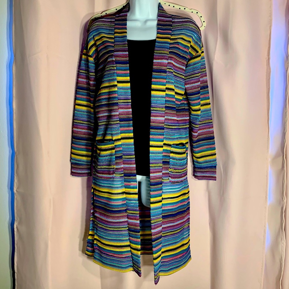 Long Knitted Rainbow Striped Open Front Cardigan